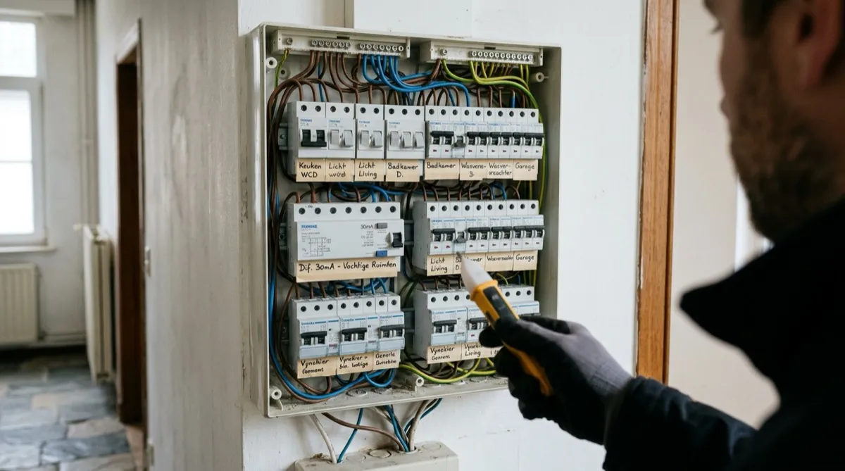 Tableau électrique résidentiel à trois rangées, circuits repérés à la main