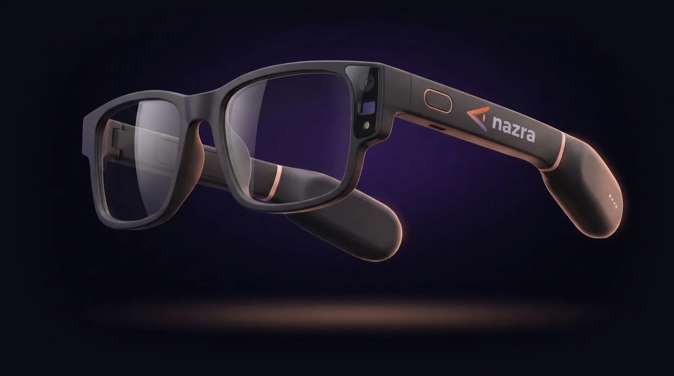 Lunettes connectées Nazra avec le logo sur la branche, visuel de conception