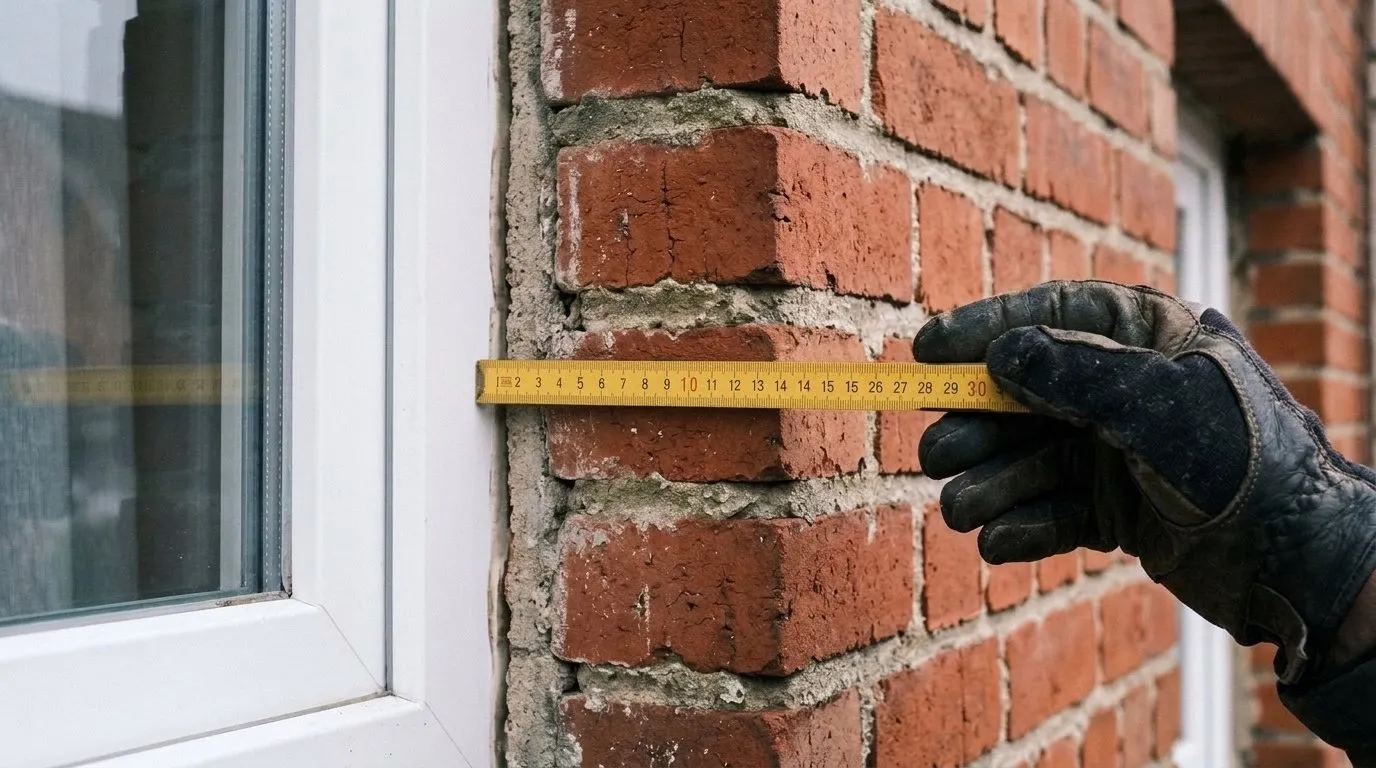 Un mètre pliant jaune mesure l’épaisseur d’un mur en brique dans l’embrasure d’une fenêtre en PVC